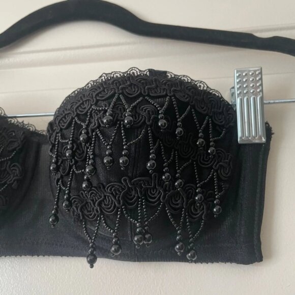 90s Black Beaded Fringe "Bustier" Bra - Picture 1 of 5
